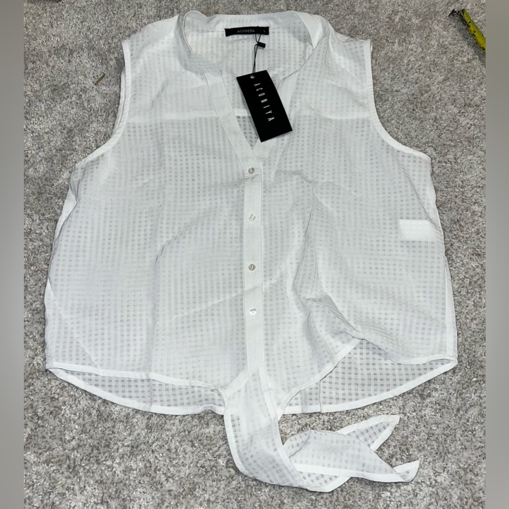 Aconiya White Top Size Large L  Women Buttons Front Tie V-Neck Tank